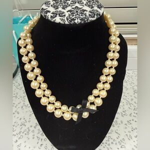Elegant Cream Pearl Necklace with Black Ribbon